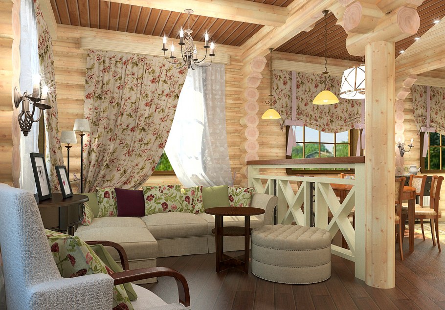 Гостиная Прованс Кантри в бревенчатом доме