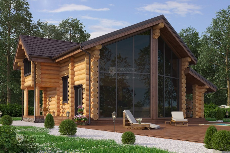 Бревенчатый дом с панорамными окнами