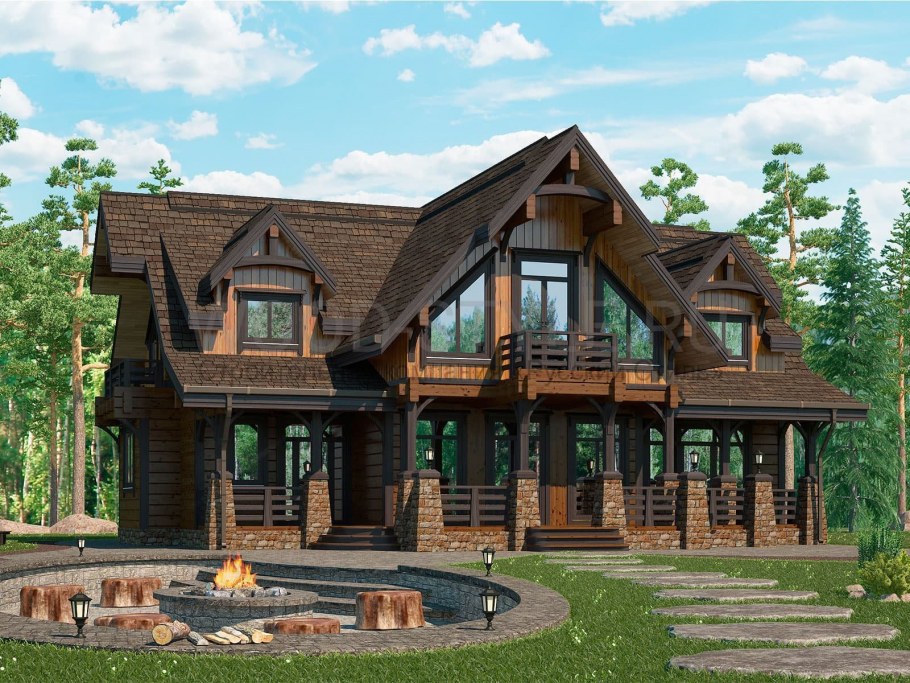 Двухэтажный деревянный коттедж