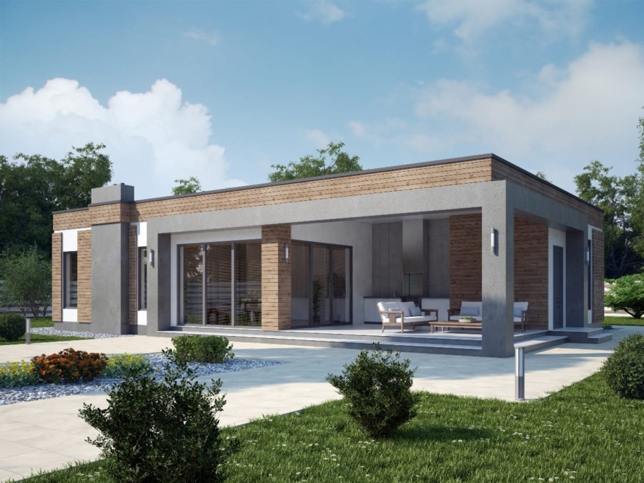 Одноэтажный дом в стиле Минимализм односкатной крышей