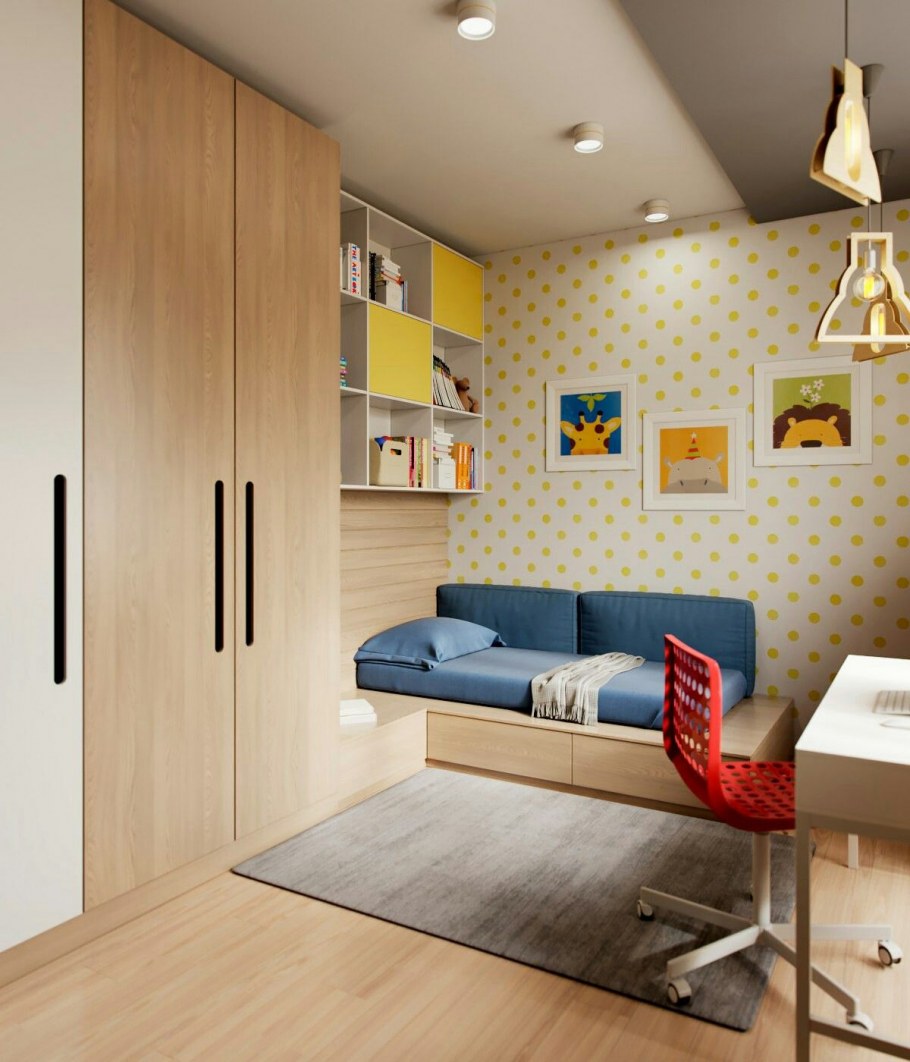 Детская в скандинавском стиле стол у окна