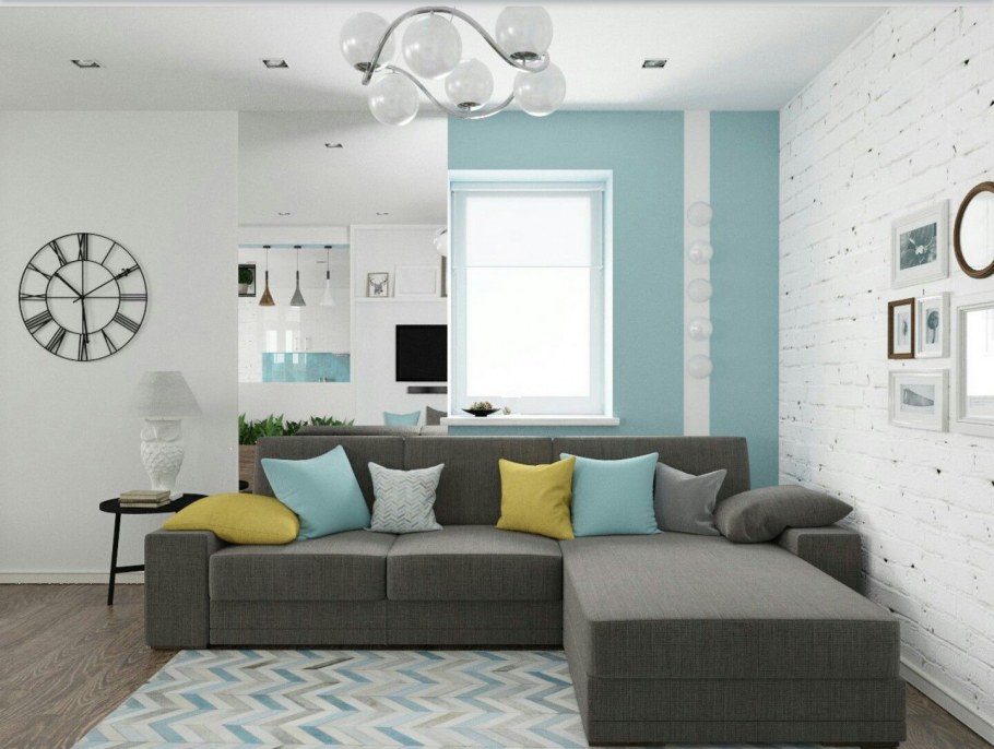 Гостиная в скандинавском стиле с мятными обоями