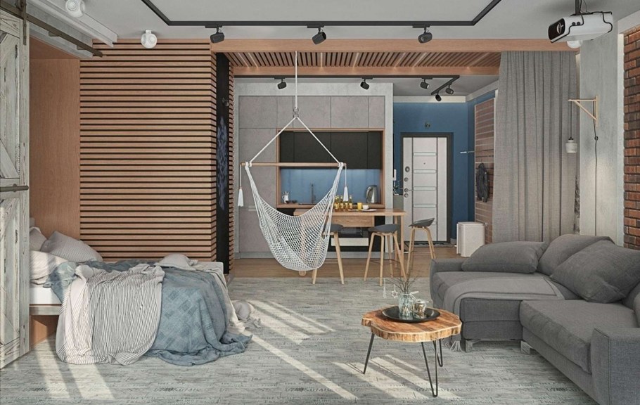 Зонирование спальни в стиле лофт