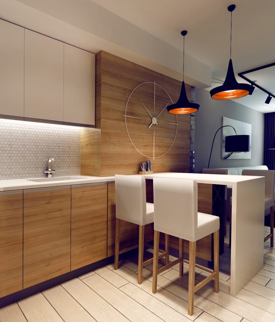 Бежевая кухня со столешницей под дерево