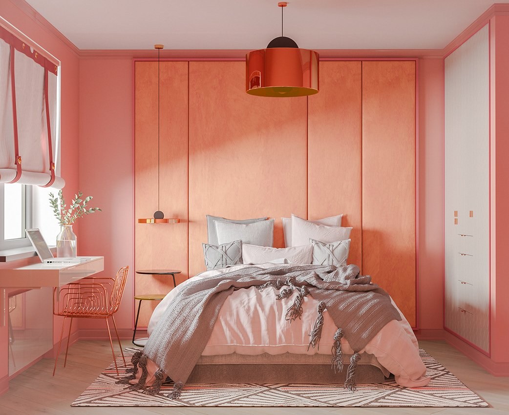 персиковый цвет в интерьере спальни