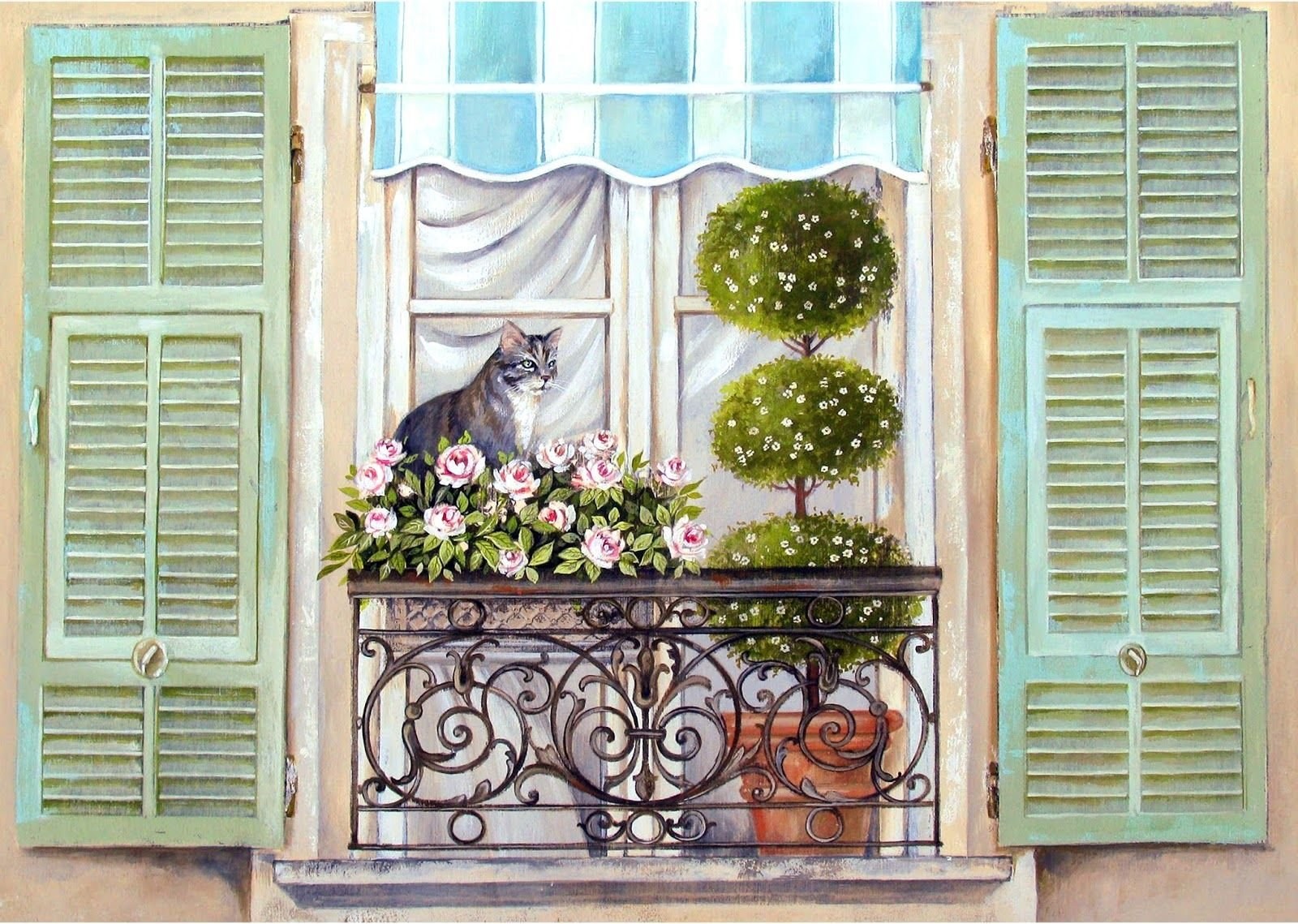 Картина на балконе. Stefania Ferri итальянская художница. Окна для декупажа. Винтажные окна.