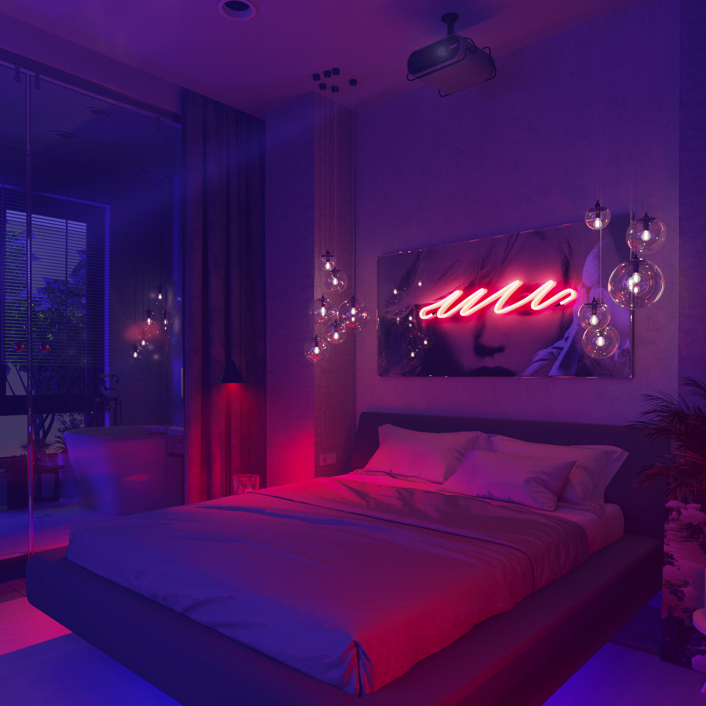 Розовый свет спать. Спальня с неоновой подсветкой. Комната с подсветкой. Спальня в неоновом стиле. Комната с фиолетовой подсветкой.