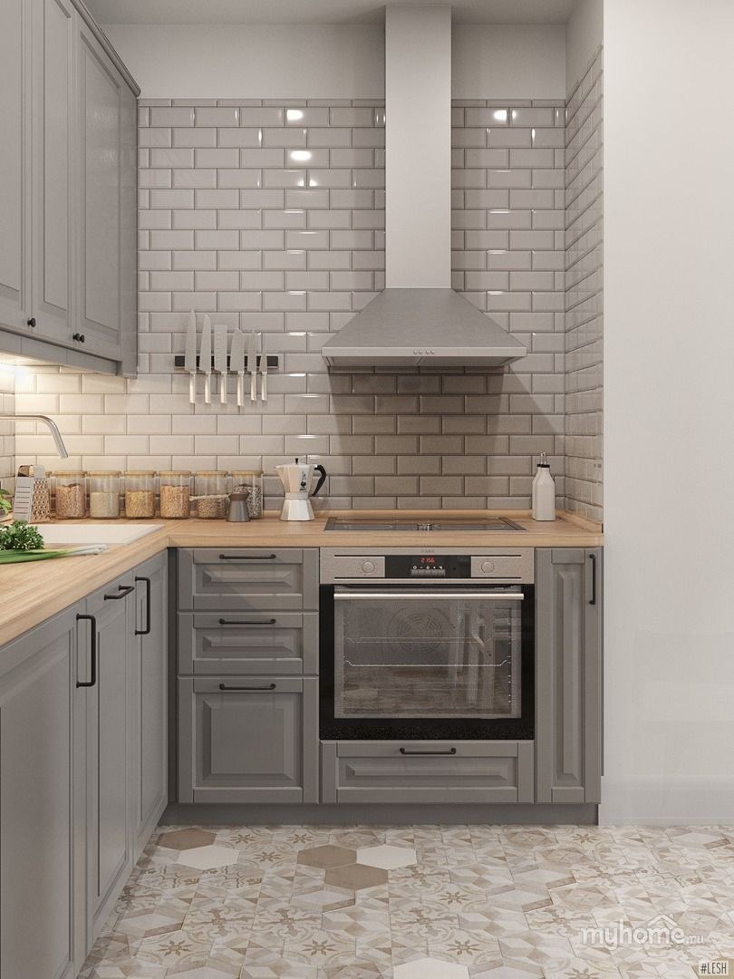 Кухня икеа серая с деревянной столешницей