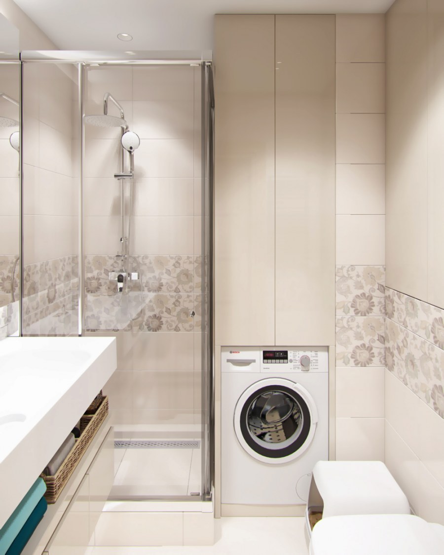 Совмещённый санузел с душевой кабиной и стиральной машиной