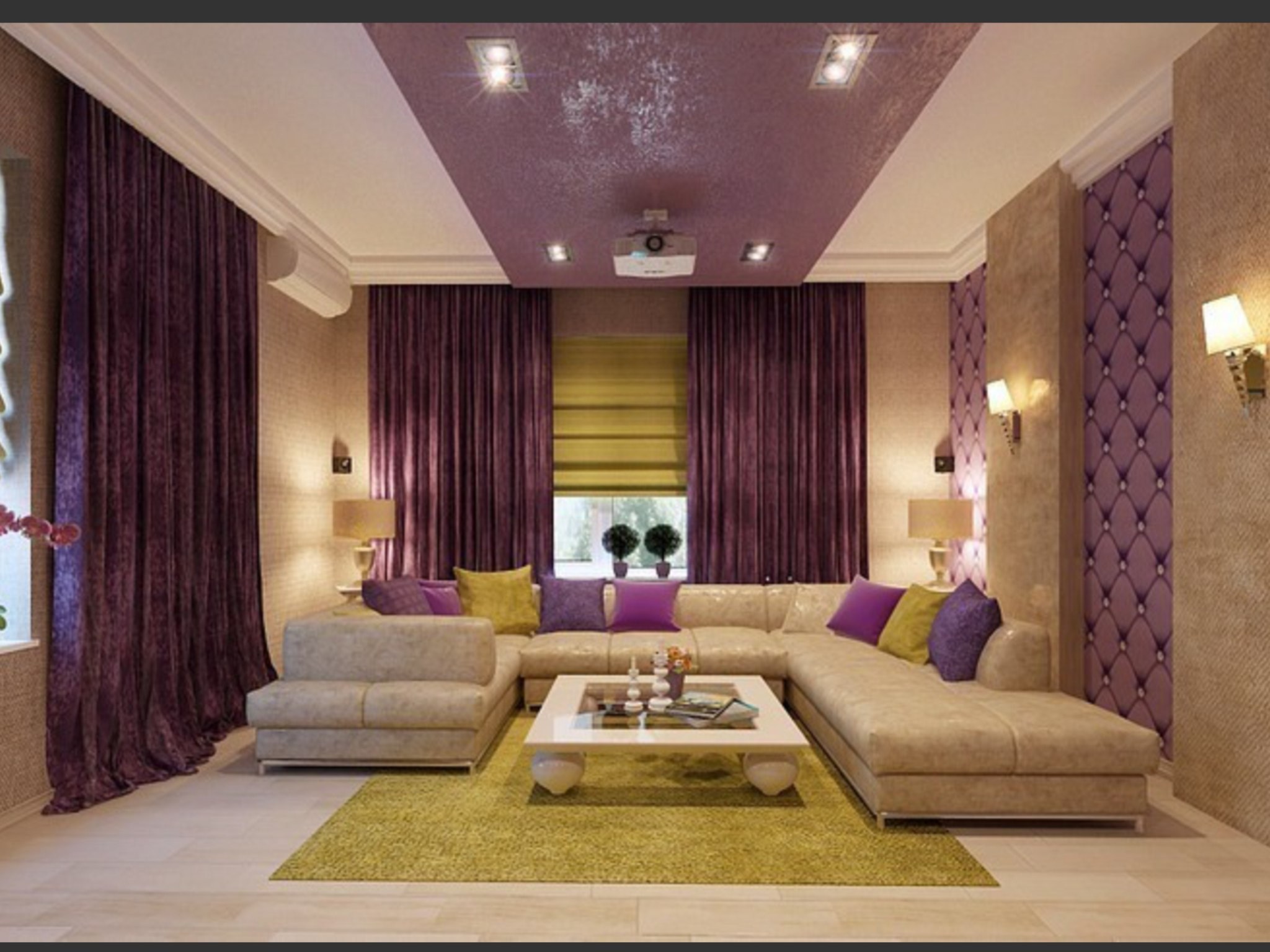 Сочетание цветов потолка. Гостиная в фиолетовых тонах. Гостиная в сиреневых тонах. Фиолетовый в интерьере гостиной. Сиреневый интерьер гостиной.
