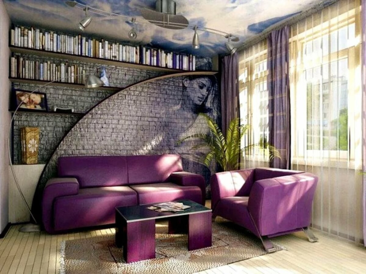 Стена с диваном в зале. Интерьер в сиреневых тонах. Креативный интерьер. Необычные квартиры. Необычные стены в интерьере.