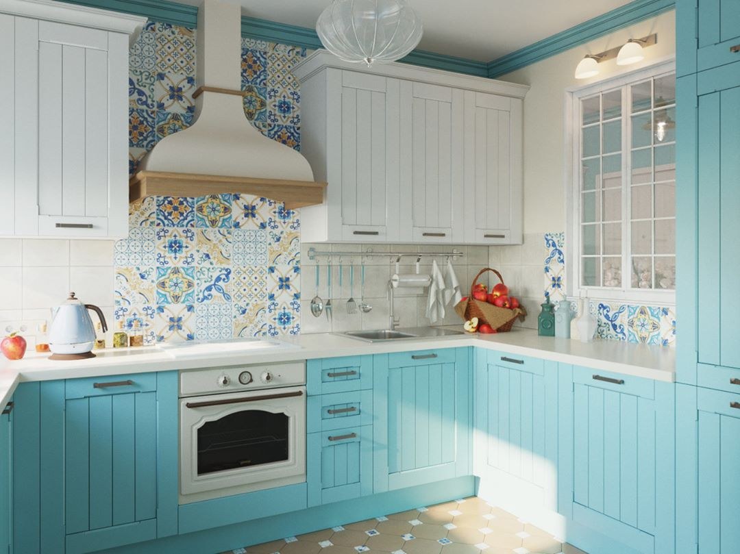 интерьер кухни с голубой плиткой