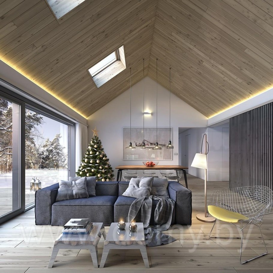 Интерьер дома с деревянной отделкой