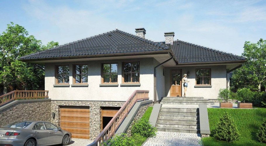 Одноэтажный дом с цокольным этажом и гаражом