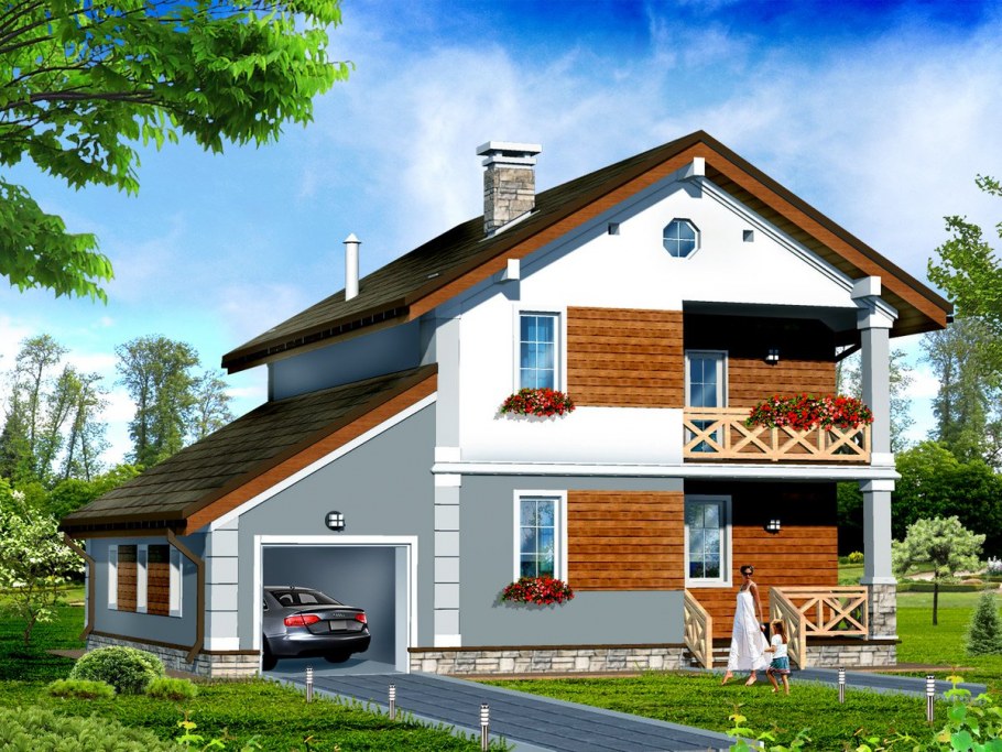 Двухэтажный дом с гаражом и балконом