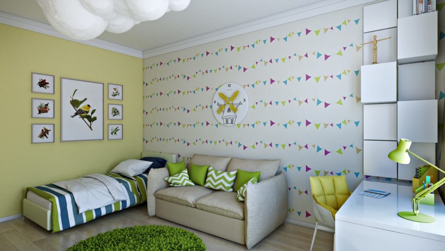 Интерьер детская с зеленым акцентом