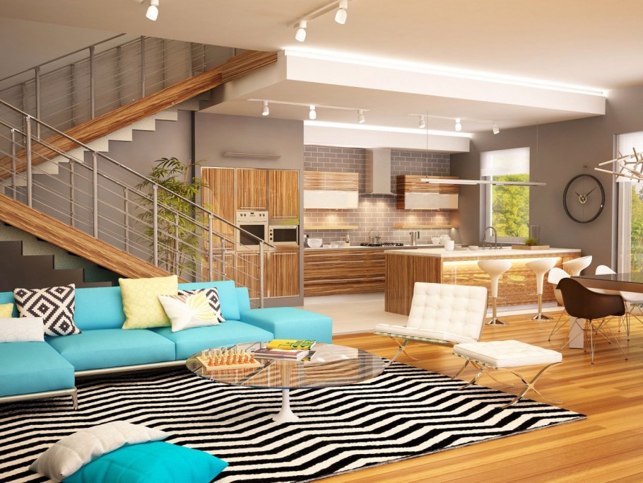 Планировка кухни гостиной с лестницей