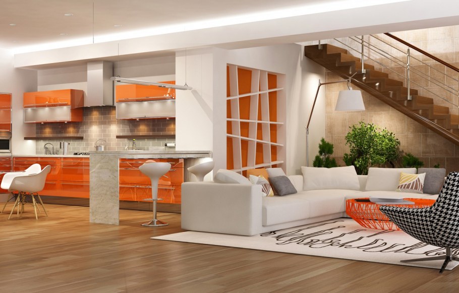 Кухня гостиная с лестницей