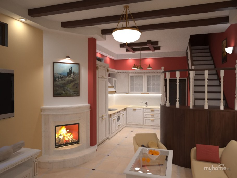 Проект кухня-гостиной с камином