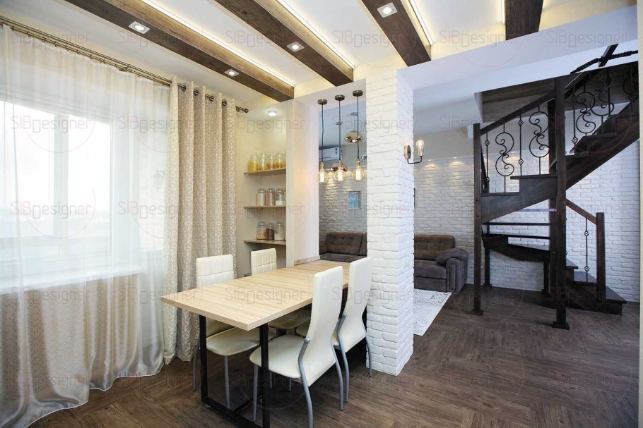 Балки в интерьере гостиной совмещенной с кухней