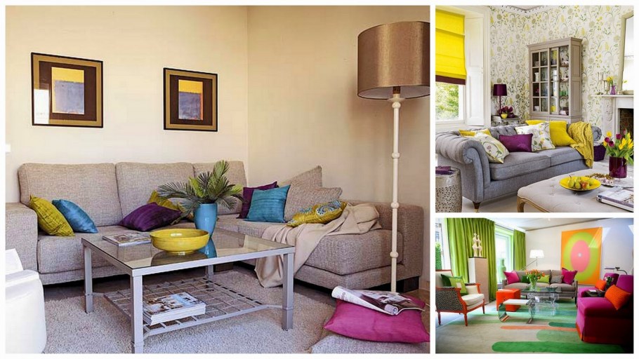 Серый диван в интерьере гостиной