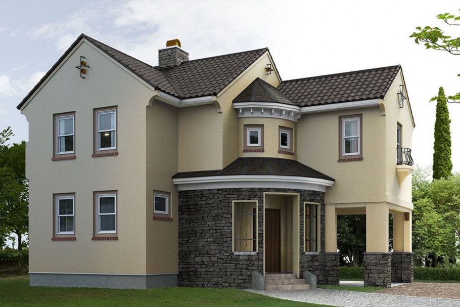 Бежевый дом с коричневой крышей