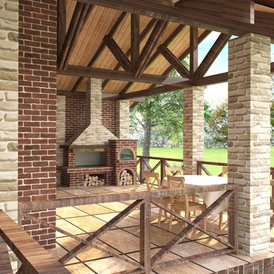 Терраса с кирпичными колоннами