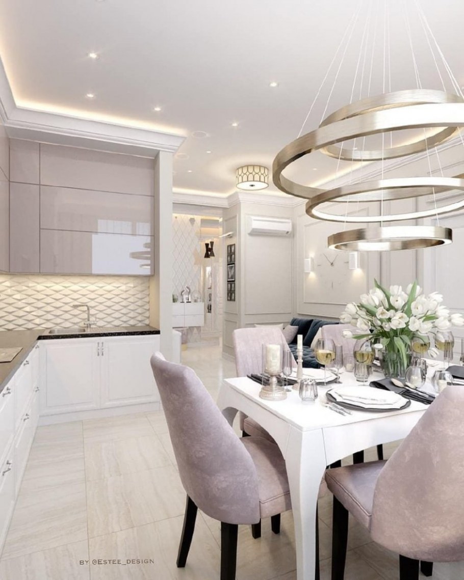 Пудровый цвет в интерьере кухни