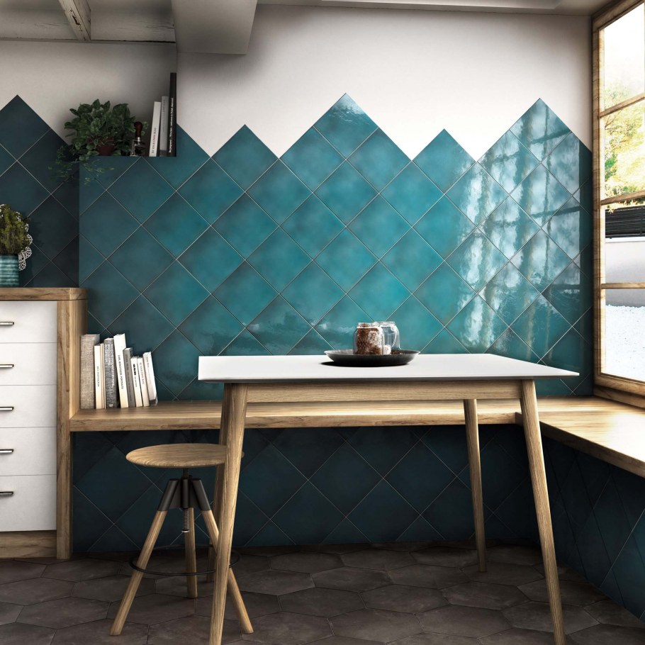 Бирюзовый кафель на кухне