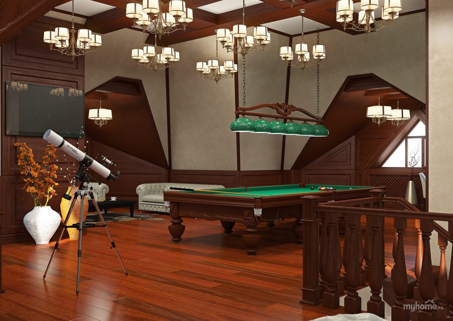 Интерьер бильярдной в мансарде