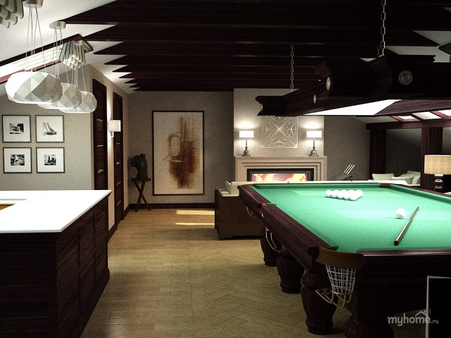 Потолок в бильярдной с балками