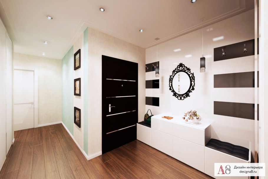 Интерьер длинной узкой гостиной с балконом