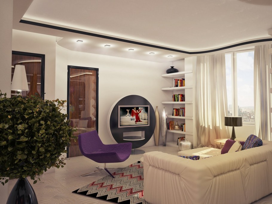 Интерьер гостиной с низкими потолками