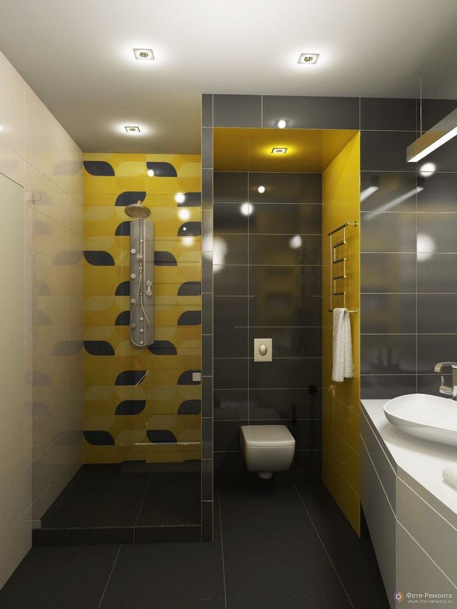 Серо желтая ванная комната