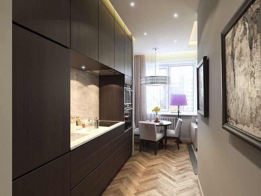 Узкая кухня-гостиная