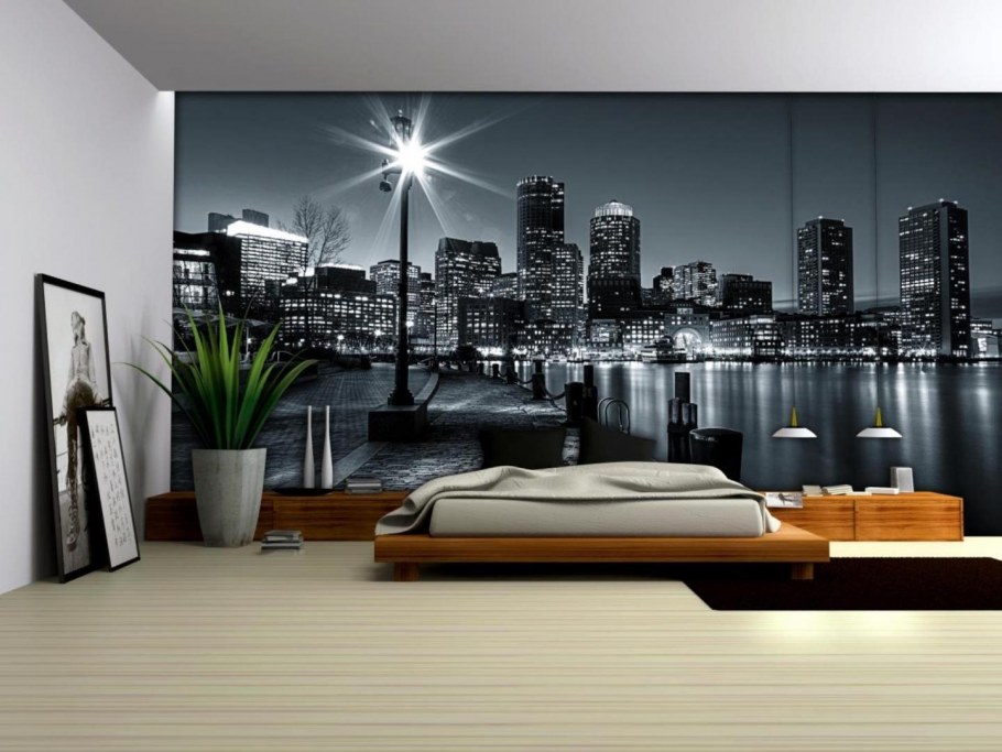 Фотообои город в интерьере спальни