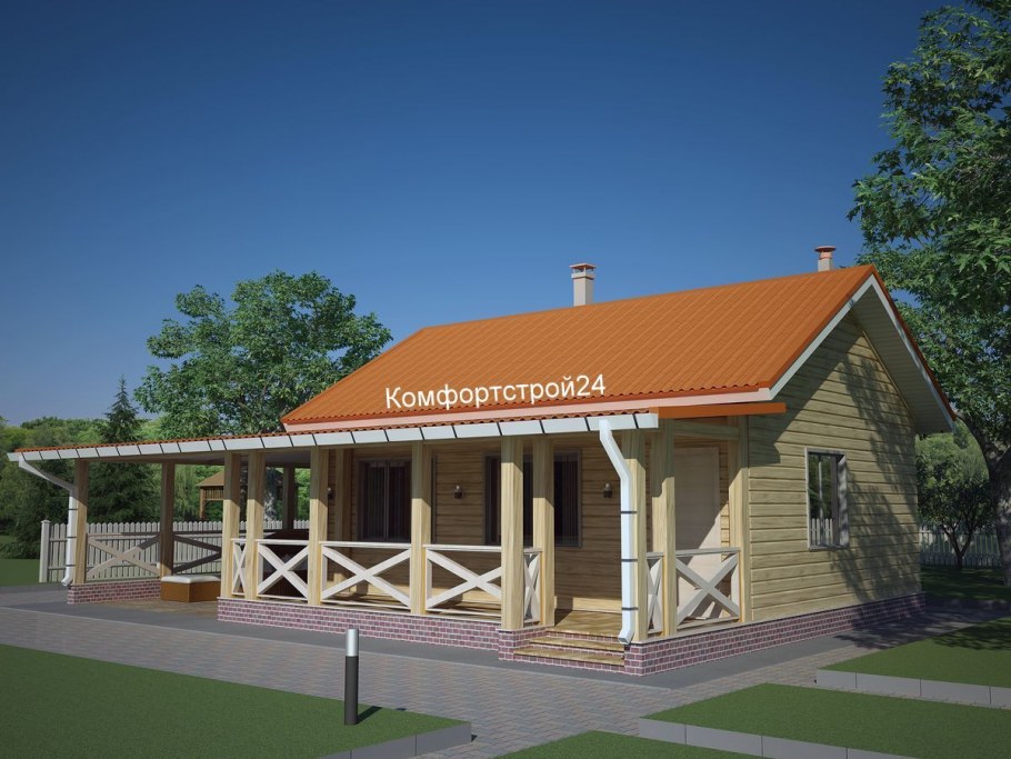 Баня с террасой под одной четырехскатной крышей