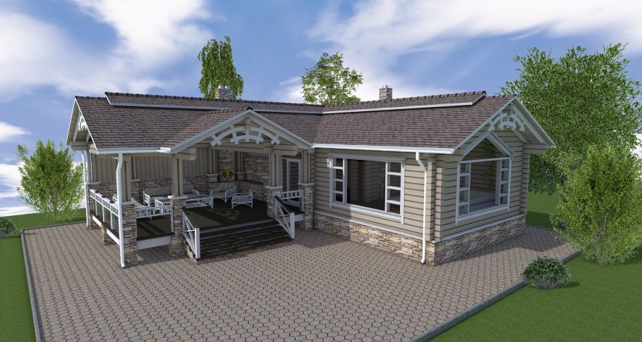 Одноэтажный дом из пеноблоков с террасой