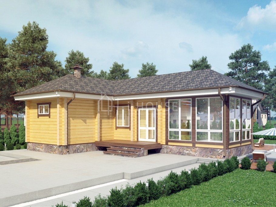 Терраса к бане с двухскатной крышей