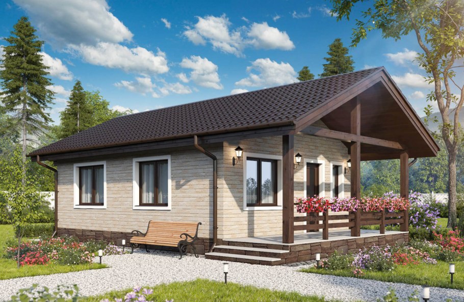 Одноэтажный дом с большой верандой