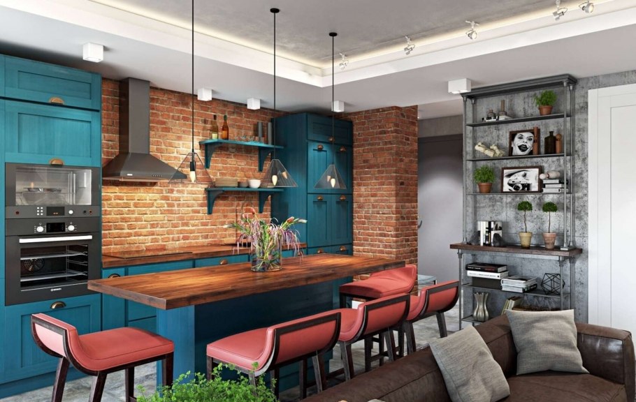 Кухня лофт с красным кирпичом