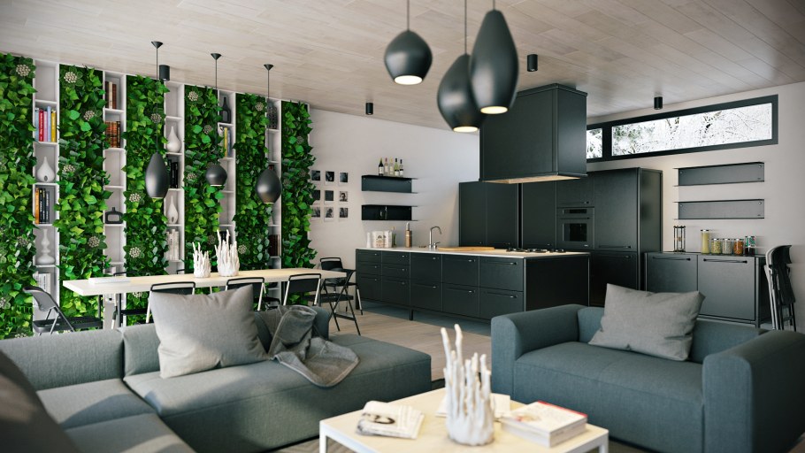 Кухня экостиль тёмный пол