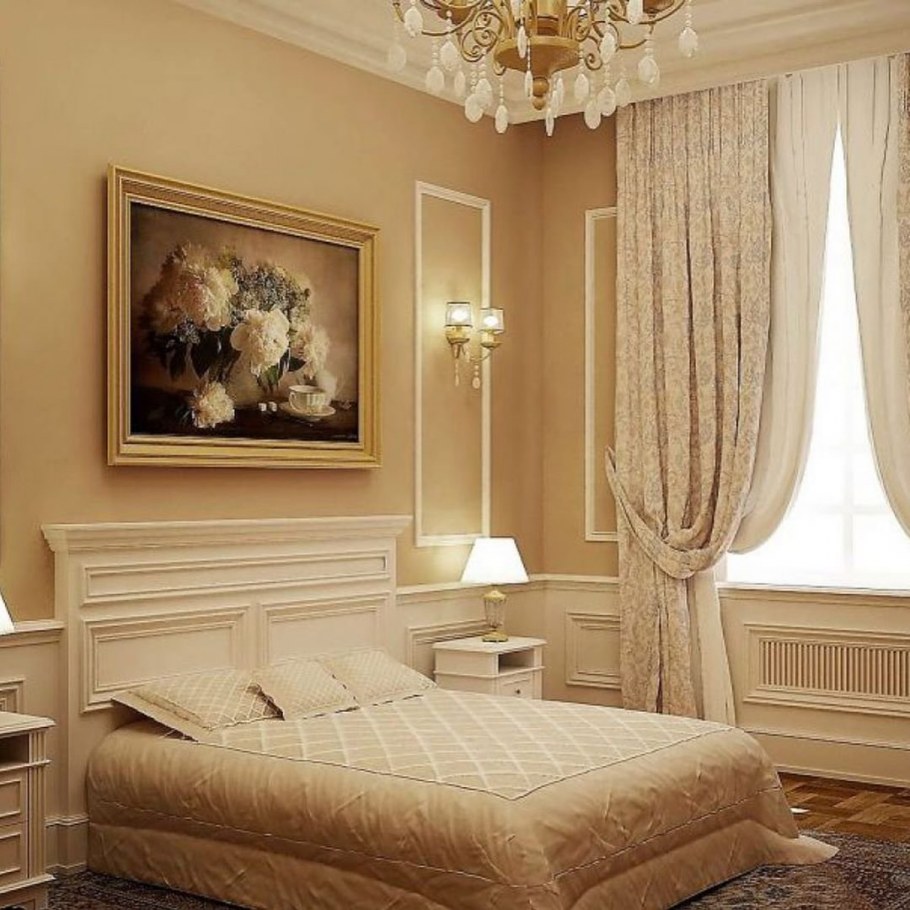 Спальня в неоклассическом стиле в светлых тонах