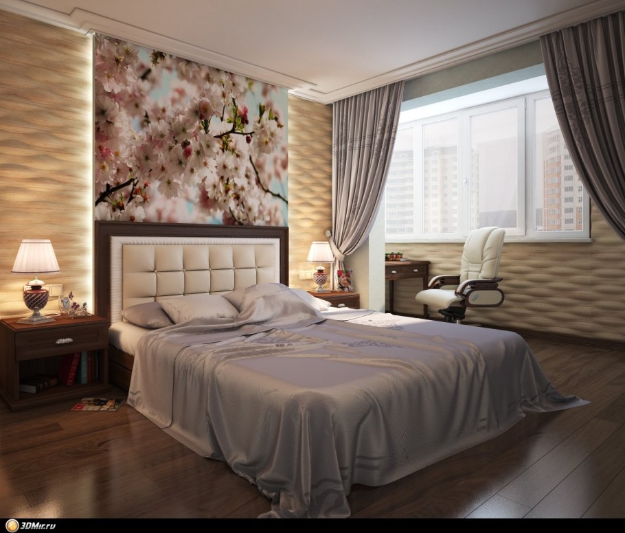 Фрески в интерьере спальни у изголовья