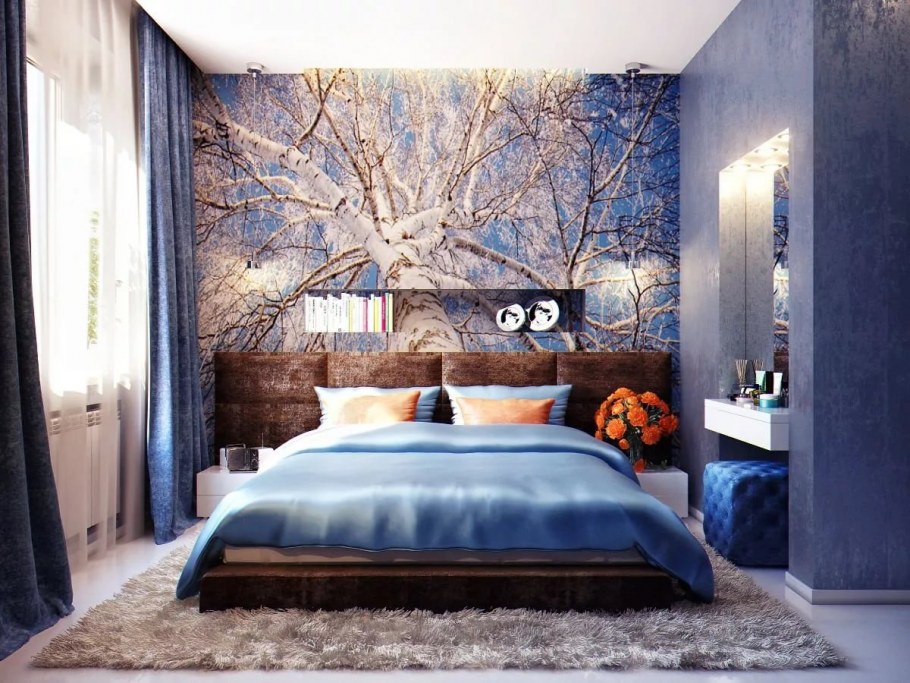 Фотообои в спальне над кроватью в интерьере