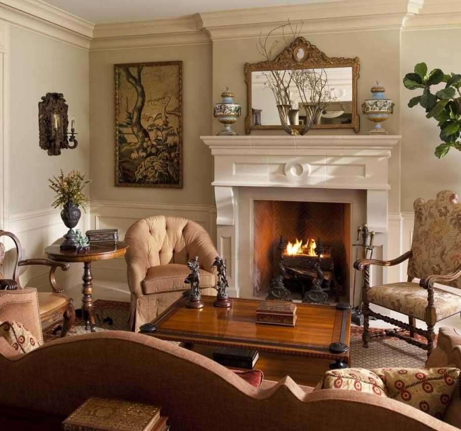 Гостиная с электрокамином в классическом стиле