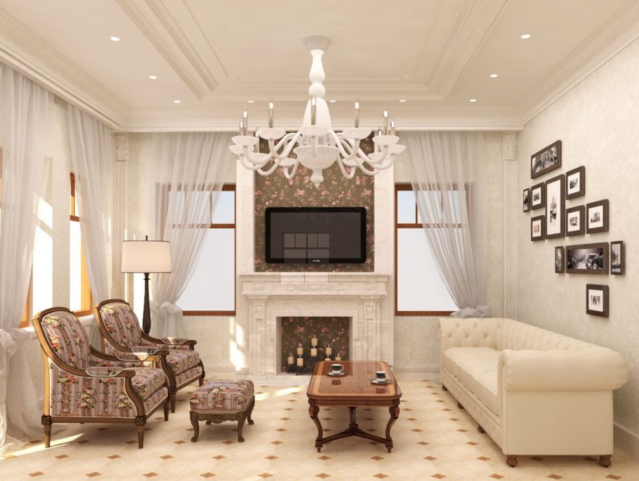 Каминный зал в частном доме классика