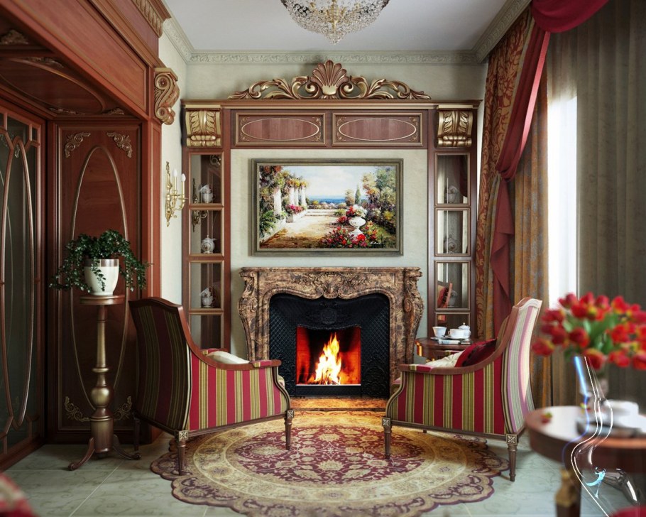 Камин в интерьере гостиной в классическом стиле