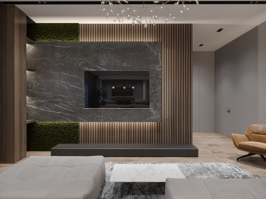 Телевизор на деревянной панели