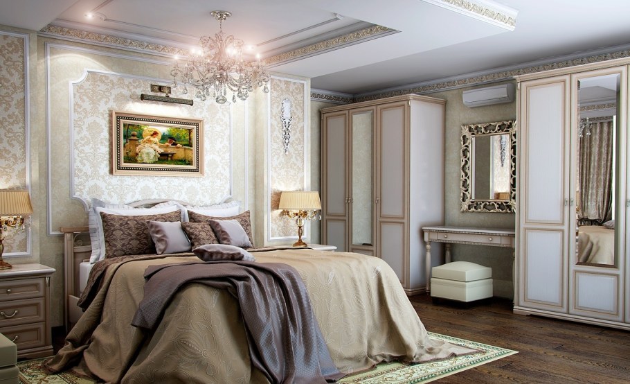 Спальня в классическом стиле в кремовых тонах